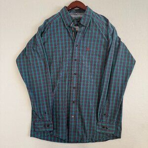 Ariat Pro Series Shirt Mens Sz LT Blue Teal Red Plaid Pen Pocket Vented Underarm